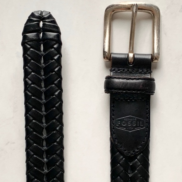 FOSSIL Black Leather Braided BELT - Mens sz 38 / 46” end to end